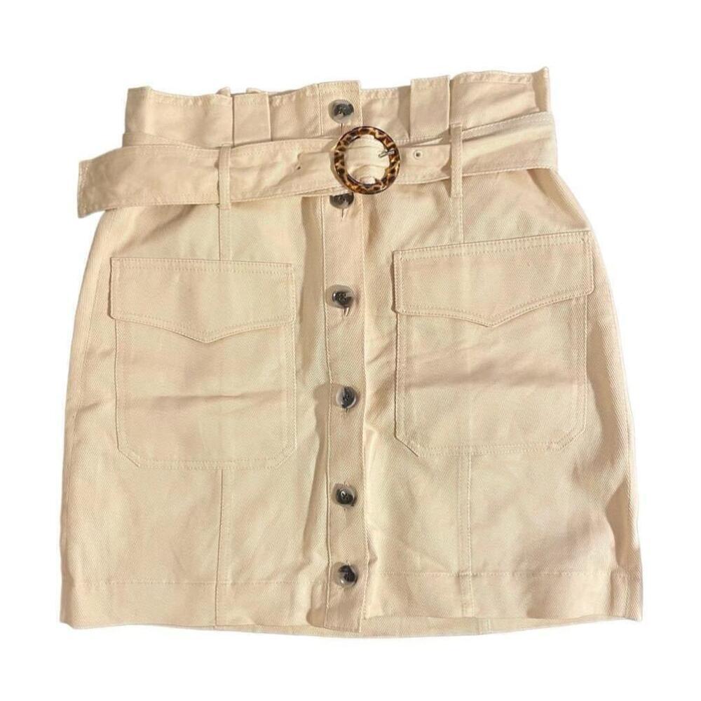 Size 8 Banana Republic Tan button front paper bag waist belted mini skirt